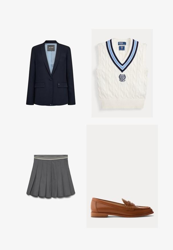 Blazer bleu marine au design élégant, avec revers cranté, fermoir à un bouton, deux poches avant et une doublure bleu clair. Texture de tissu lisse.; Gilet sans manches en maille torsadée blanche avec col en V rayé bleu et logo Polo Ralph Lauren Wimbledon sur la poitrine.; Jupe plissée grise foncée avec une taille élastique rayée dans des nuances claires et foncées, posée à plat sur un fond blanc.; Mocassin en cuir marron avec petit talon en bois, bride classique pour pièce et détails cousus le long de la pointe et des côtés.