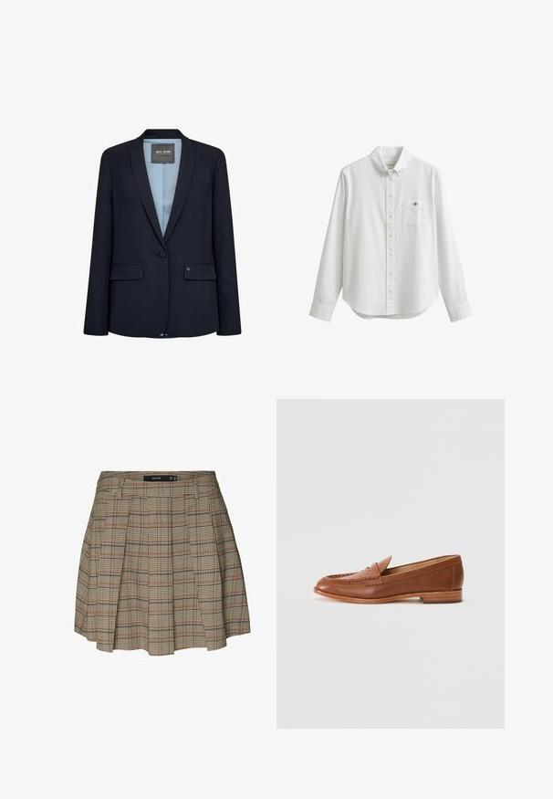 Marineblå blazer med et elegant design, slagkrave, enkelt knaplukning, to frontlommer og lyseblåt for. Glat stoftekstur.; Hvid skjorte med lange ærmer og knapper foran med en lomme foran med et lille broderet logo og krave med knapper.; Vero Moda VMELLIE Mid waist Mini - A-snit nederdel - silver mink; Lauren Ralph Lauren WYNNIE - Loafers - deep saddle tan