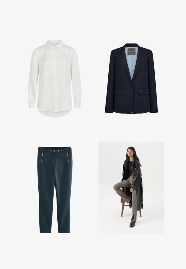 Marineblå blazer med et elegant design, slagkrave, enkelt knaplukning, to frontlommer og lyseblåt for. Glat stoftekstur.; Hvid langærmet skjorte med klassisk krave, der har en glat tekstur og knaplukning. Rundet kant og let puffede ærmer.; Next SKINNY PETITE - Bukser - navy blue; Sort læder trench coat med knapper og bælte detalje, parret med lysebrune tætsiddende bukser og sorte loafers, siddende på en træstol.