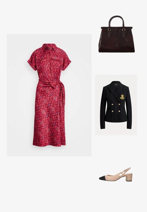 Zwart dubbelgeknoopt blazer met gouden knopen en een goud geborduurd wapen op de linkerborstzak, getailleerde pasvorm met reverskraag.; Lauren Ralph Lauren SEAGILL SHORT SLEEVE DAY DRESS - Blousejurk - fuchsia multi; Slingback hak in lichtroze leer met een puntige zwarte neus, een gestructureerde band en een vierkante blokhak voor stabiliteit.; I Medici Firenze Handtas - dark brown