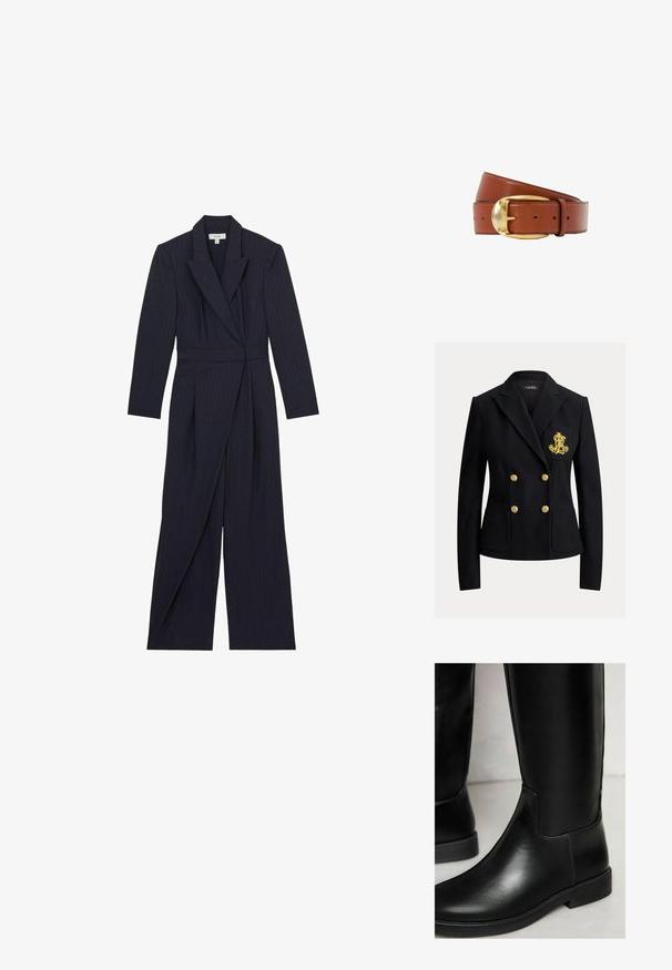 Sort dobbeltradet blazer med guldknapper og et guldbroderet våbenskjold på venstre brystlomme, skræddersyet pasform med reverskrave.; Marineblå stribede jumpsuit med lange ærmer, sjalskrave og tætsiddende talje. Plisseret design med brede bukser, lavet af glat stof.; Sorte læder knæhæle støvler med en glat overflade, rund tå, minimal syning og en lav blokhæl. Har et slankt, tætsiddende design.; Brunt læderbælte, rullet sammen med rund guldlås og flere justeringshuller mod en hvid baggrund.