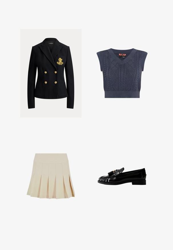 Schwarzer Doppelreiher-Blazer mit goldenen Knöpfen und einem goldbestickten Wappen auf der linken Brusttasche, taillierte Passform mit Reverskragen.; Marineblaue gestrickte ärmellose Weste mit V-Ausschnitt, die ein strukturiertes Kabel- und Diamantmuster aufweist. Fein gerippte Kanten.; Beige Faltenrock mit einem taillierten Bund, aus einem glatten Stoff gefertigt. Verfügt über mehrere vertikale Falten und einen geraden Saum.; Schwarze Lacklederloafer mit runder Zehenpartie, gefälteltem Detail und dekorativem Quast. Niedriger Blockabsatz, glatte Textur und minimalistisches Design.