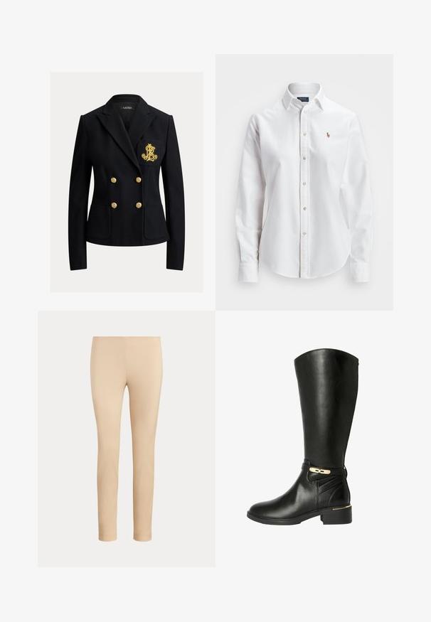 Schwarzer Doppelreiher-Blazer mit goldenen Knöpfen und einem goldbestickten Wappen auf der linken Brusttasche, taillierte Passform mit Reverskragen.; Weißes Langarm-Hemd aus Baumwolle mit klassischen Kragen und kleinem gesticktem Logo auf der Brust.; Beige, figurbetonte, knöchellange Hose mit glatter Oberfläche und ohne sichtbare Taschen oder Verzierungen auf einfarbigem Hintergrund.; Schwarze kniehohe Stiefel aus glattem Leder mit einem Akzent und einer Schnalle in Goldton. Verfügt über einen Blockabsatz und detaillierte Stickereien an der Seite.