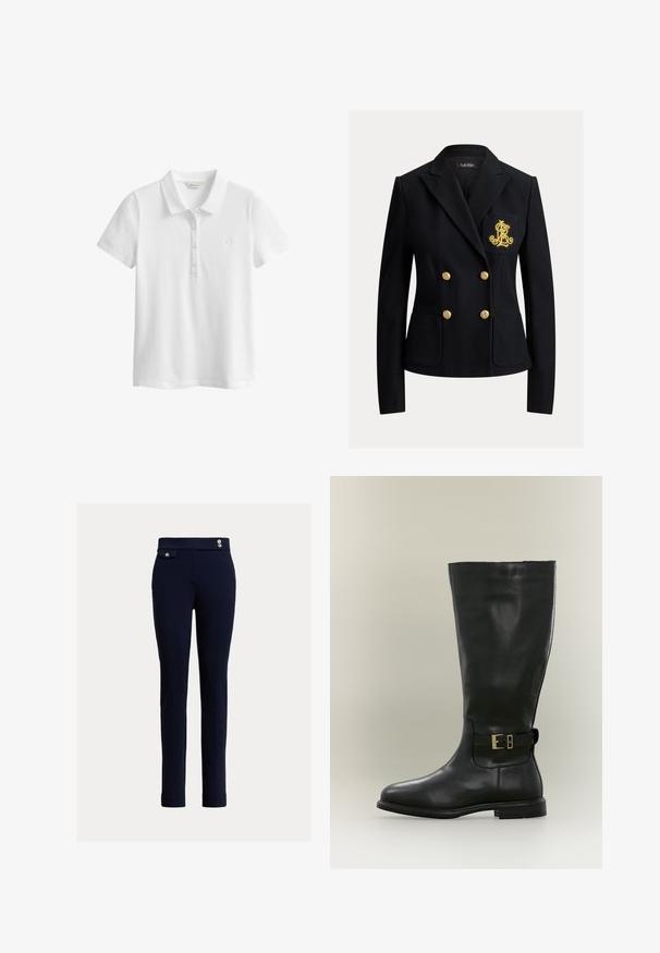 Blazer noir croisé avec boutons dorés et un blason brodé en or sur la poche poitrine gauche, coupe ajustée avec col à revers.; Polo blanc à manches courtes avec trois boutons et un petit logo brodé sur le côté gauche de la poitrine.; Pantalon slim-fit bleu marine avec taille haute, poches plaquées à l’avant avec bouton, et deux boutons décoratifs à la taille.; Botte haute en cuir noir avec un talon bas et une bride latérale à petite boucle dorée, présentée sur un fond neutre.