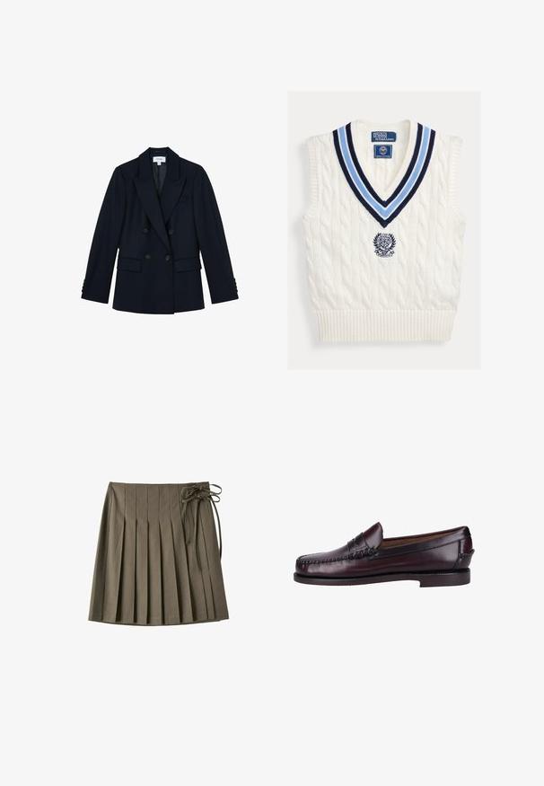 Mørk navy dobbelttradet blazer med spids revers, fire knapper foran, to lommer med klap og knapdetaljer på ærmerne.; Hvid kabelstrikket ærmeløs sweatervest med blåstribet V-hals og Polo Ralph Lauren Wimbledon-logo på brystet.; Brun plisseret nederdel med tynde lodrette hvide striber og en bundet sløjfe detalje øverst til højre.; Brune læder loafers med en glat finish, syninger på overdelen og en lav stablet hæl. Klassisk slip-on design med en rund tå.