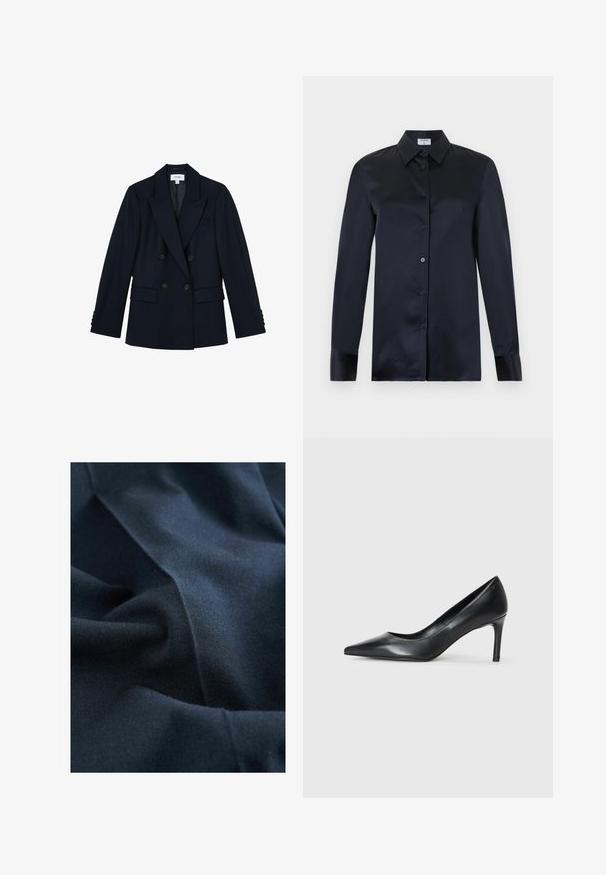 Dunkel marineblauer, doppelt geknöpfter Blazer mit spitzen Revers, vier Knöpfen vorne, zwei Klappentaschen und Knopfdetails an den Ärmeln.; Schwarze langärmelige Seidenbluse mit spitzem Kragen, durchgehender Knopfleiste vorne und geknöpften Manschetten, auf hellem einfarbigem Hintergrund präsentiert.; Marineblauer Stoff mit glatter, matter Textur, der sanfte Falten und Knicke aufweist. Das Material erscheint leicht und fällt gut.; Schwarze Leder-Pumps mit spitzem Zehenbereich und schmalem Absatz, glatter Textur und ohne sichtbare Verzierungen. Sauberes Design mit minimalistischem Ästhetik.
