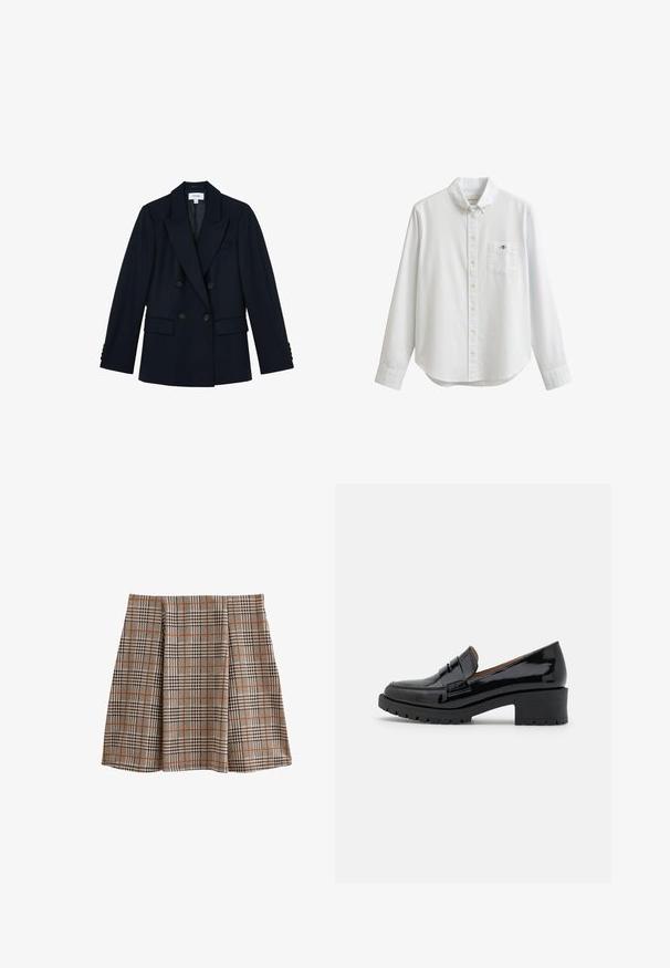 Mørk navy dobbelttradet blazer med spids revers, fire knapper foran, to lommer med klap og knapdetaljer på ærmerne.; Hvid skjorte med lange ærmer og knapper foran med en lomme foran med et lille broderet logo og krave med knapper.; Ternede nederdel i et vævet stof med beige, sort og orange ternmønstre. A-formet med plisseringer foran for bevægelse.; Sorte patenterede lædersko med en lav, chunky hæl, der har en frontrem detail og en tekstureret gummisål for godt greb.