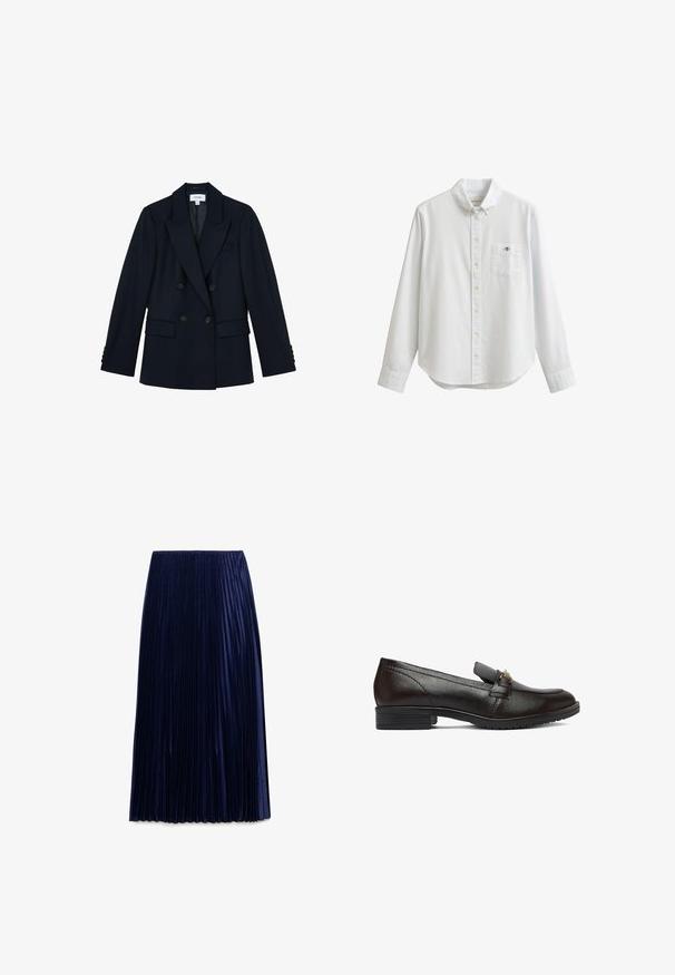 Donker marineblauw dubbelgeknopte blazer met pieklap, vier knopen aan de voorkant, twee klepzakken en knoopdetails op de mouwen.; Witte blouse met lange mouwen, knoopsluiting aan de voorkant, voorvak met klein geborduurd logo en een button-down kraag.; Navy geplooide midi-jurk gemaakt van lichte stof met een zachte textuur, voorzien van gelijkmatig verdeelde verticale plooien en een elastische tailleband.; Zwarte leren loafer met een lage gestapelde hak en metalen detail aan de voorkant, zijaanzicht op een witte achtergrond.