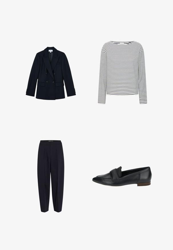 Mørk navy dobbelttradet blazer med spids revers, fire knapper foran, to lommer med klap og knapdetaljer på ærmerne.; Langærmet top med bådudskæring, lavet af blødt stof med marineblå og hvide vandrette striber. Ligefrem skæring og minimal detaljer.; Marinblå bukser med høj talje, med frontfold og tapered ben-design. Lavet af et glat stof uden synlige hardware eller mønstre.; Sorte lædersko med spids tå, som har en foldet vampdetalje og en lav træhæl. Glat tekstur med et klassisk design.