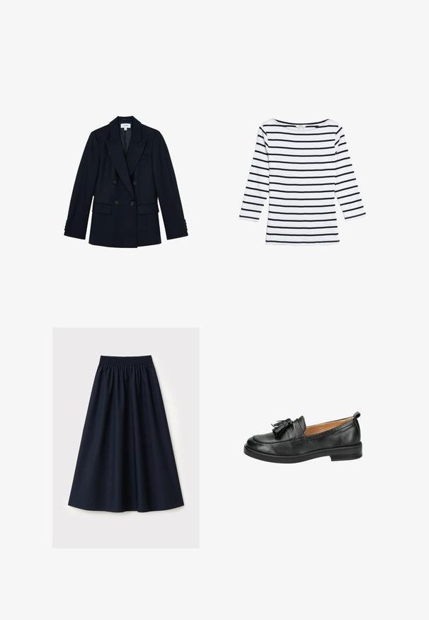 Mørk navy dobbelttradet blazer med spids revers, fire knapper foran, to lommer med klap og knapdetaljer på ærmerne.; Marks & Spencer STRIPED SLASH NECK - Langærmet T-shirt - white mix; Mørkeblå nederdel lavet af glat stof med elastisk taljebånd, udvidet design og knælængde. Ingen mønstre eller detaljer synlige.; Pavement LOAFERS - Loafers - black