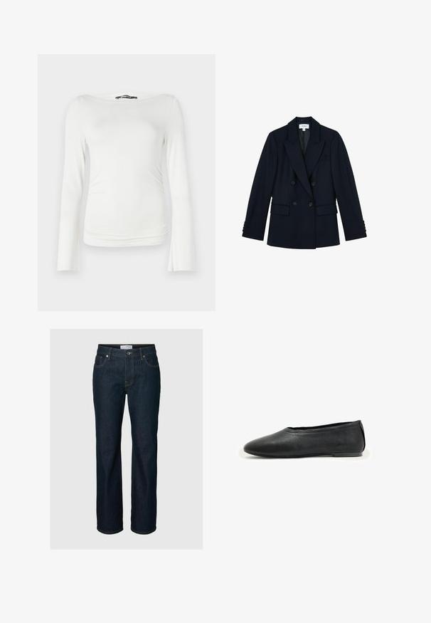 Blazer cruzado de color azul marino oscuro con solapas de pico, cuatro botones delanteros, dos bolsillos con solapa y detalles de botones en las mangas.; Top blanco de manga larga hecho de una tela suave con un silueta ajustada, que cuenta con un amplio escote barco y un sutil fruncido en la cintura.; Vaqueros azul oscuro de corte recto, con cinco bolsillos, cierre de botones y costuras en contraste, mostrados sobre un fondo liso.; Zapato plano de cuero negro con punta redondeada y tacón bajo, diseñado para uso casual o formal.