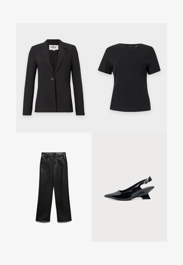 Blazer negro fabricado con tela suave, que presenta un cierre de un solo botón, solapas de muesca y una silueta ajustada con bolsillos delanteros.; Camiseta negra de manga corta con cuello redondo, dobladillo recto y tela lisa y uniforme.; Pantalones de pierna ancha de cuero sintético negro con bolsillos frontales, trabillas para cinturón y un brillo sutil. Textura suave y ajuste entallado.; Zapato slingback de cuero charol negro con puntera puntiaguda y tacón bajo en bloque inclinado sobre fondo claro liso.