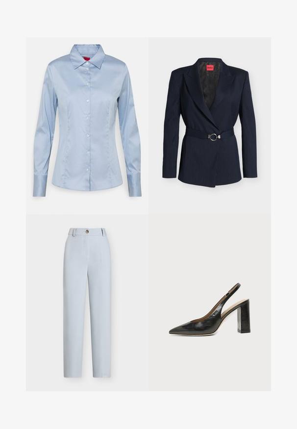 Marineblauwe pinstripe blazer met brede revers, lange mouwen, een zilveren ringriem in de taille en een zwarte gemêleerde voering.; Lichtblauw button-up shirt van gladde stof, met een klassieke kraag, lange mouwen en een rechte pasvorm met subtiele stikseldetails.; Lichtblauwe, op maat gemaakte broek met rechte pijp, knoopsluiting aan de voorkant en riemlussen in de tailleband.; Zwarte leren slingback schoen met spits toelopend neusje, hoge blokhak en beige binnenvoering tegen een effen lichte achtergrond.