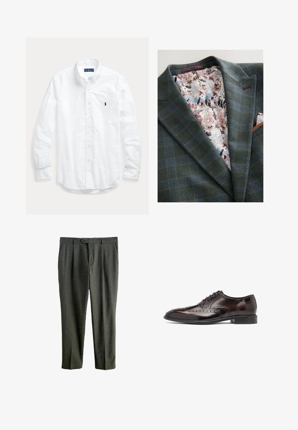 Grønternet blazer med en tekstureret uldoverflade. Foret med blomstret stof i pink, blå og sorte nuancer.; Hvid skjorte med lange ærmer, knapper og krave, med lille mørkt logo på venstre bryst, lagt fladt på en lys baggrund.; Grå uldbukser med en struktureret finish, der har en knaplukning, plisseringer foran og et lige ben-design.; Mørkebrun læder oxford herresko med brogue-perforeringer og sort sål, vist i sideprofil på hvid baggrund.