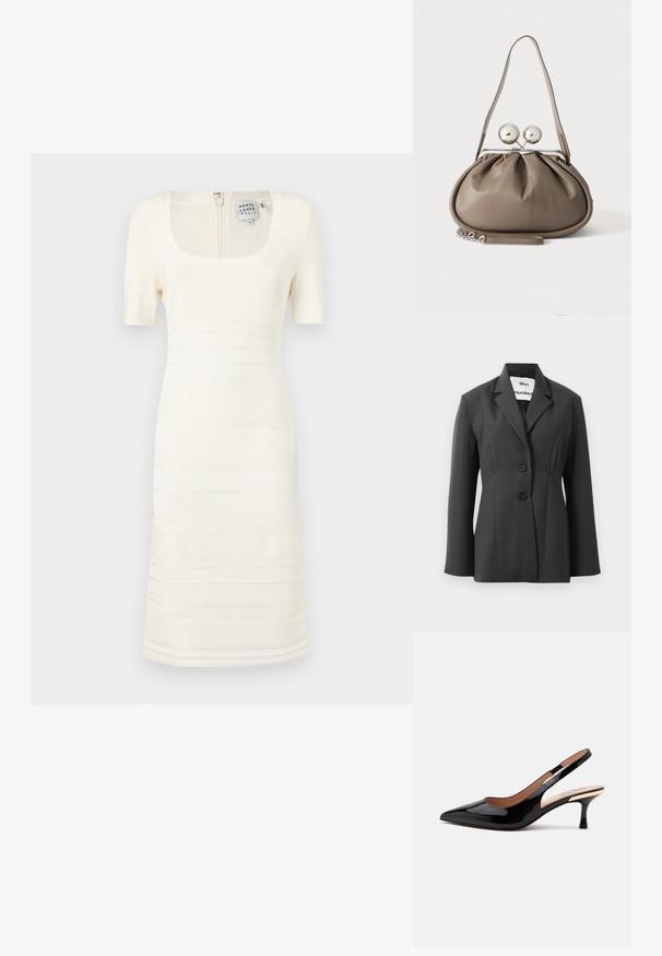 Blazer noir ajusté avec deux boutons et des revers étroits, présenté sur un fond blanc uni.; Robe blanche en tricot à côtes avec un décolleté carré et des manches courtes ; elle présente des motifs de texture horizontaux et une fermeture éclair au dos.; Escarpin slingback en cuir verni noir avec bout pointu et petit talon kitten sur fond blanc uni.; Sac à main en cuir gris de forme arrondie, fermeture supérieure avec deux grandes sphères argentées, et une seule anse.
