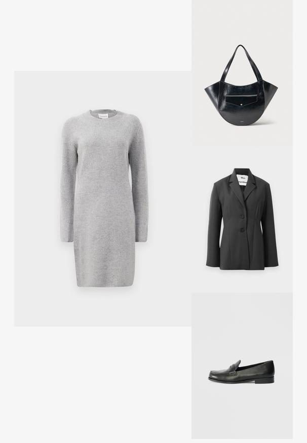 Schwarze maßgeschneiderte Blazerjacke mit zwei Knöpfen und schmalen Revers, vor einem schlichten weißen Hintergrund präsentiert.; Graues rippenstrickkleid mit langen Ärmeln, rundem Ausschnitt und Seitenschlitzen. Der Stoff hat eine weiche Textur mit einem gleichmäßigen vertikalen Muster.; Schwarze Leder-Slipper mit abgerundeter Spitze, erhöhten Nähdetails und einem niedrigen, gestapelten Absatz. Glatte Textur mit einem dezenten Glanz.; Schwarze glänzende Lederhandtasche mit breitem, gebogenem Körper, zwei Schulterriemen und vorderer Klappentasche mit kleinem goldenen Knopf.