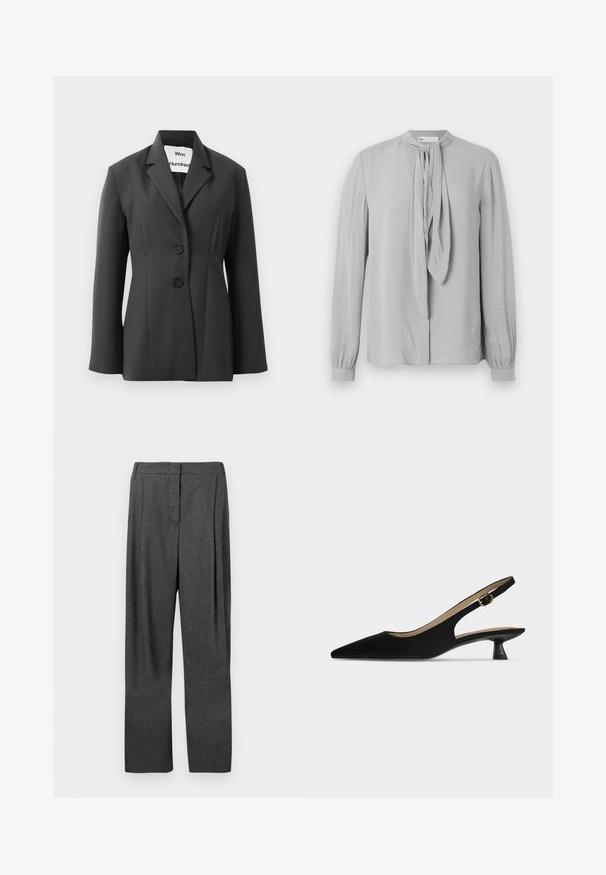 Sort skræddersyet blazer med to knapper og smalle revers, vist mod en ensfarvet hvid baggrund.; Lysegrå langærmet bluse med høj hals og bindedetalje foran, med rynkede manchetter og glat stoftekstur.; Grå skræddersyede bukser lavet af vævet stof, med lige ben, frontfolder og en glat tekstur.; Sort, spids slingback-sko med lav kitten-hæl og guldfarvet spænderem, vist i profil på ensfarvet lyst baggrund.