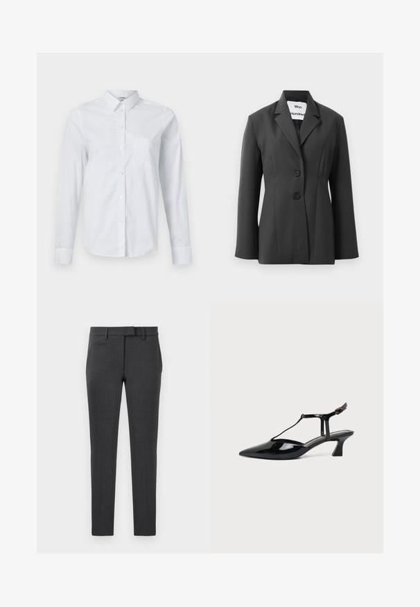 Sort skræddersyet blazer med to knapper og smalle revers, vist mod en ensfarvet hvid baggrund.; Hvid langærmet skjorte lavet af bomuld, med krave, knaplukning foran og en enkelt brystlomme. Glat tekstur. Ingen mønstre.; Smal pasform mørkegrå bukser lavet af tekstureret stof, med flad front, sidelommer og et klassisk liv.; Sort laklæder spids tå slingback sko med T-rem og lav skrå blokhæl på hvid baggrund.