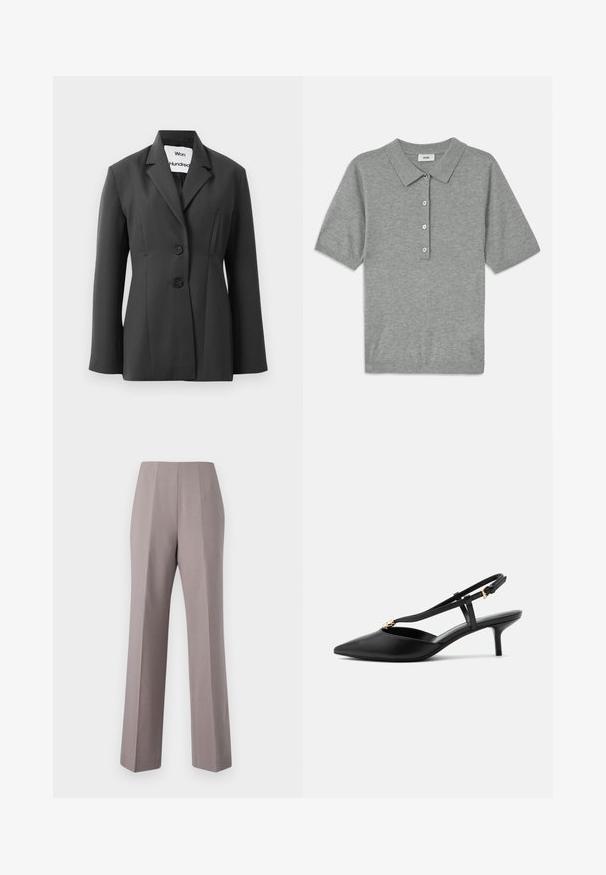 Blazer noir ajusté avec deux boutons et des revers étroits, présenté sur un fond blanc uni.; Polo gris en tissu doux et texturé, avec un col, des manches courtes et une patte de boutonnage à quatre boutons.; Pantalons gris ajustés avec une taille haute, des jambes larges et des plis avant marqués. Fabriqués en tissu lisse, avec des bords nets et sans quincaillerie visible.; Escarpin slingback en cuir noir à petit talon kitten, bout pointu, fine bride en T, boucle réglable et petite décoration dorée sur la bride.