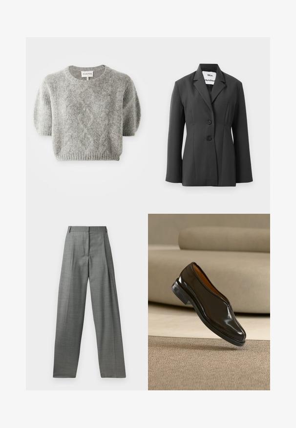 Sort skræddersyet blazer med to knapper og smalle revers, vist mod en ensfarvet hvid baggrund.; Grå kortærmet pullover sweater med kabelstrik mønster og ribbet kant. Fremstillet af et blødt, tekstureret materiale. Brandlabel synligt ved halsen.; Grå skræddersyede bukser med høj talje, plisseret front og bred ben design. Fremstillet af et tekstureret stof, med bæltesløjfer og glatte sømme.; Sort læder slip-on selskabssko, der svæver over beige tæppe med en buet beige sofa i baggrunden.