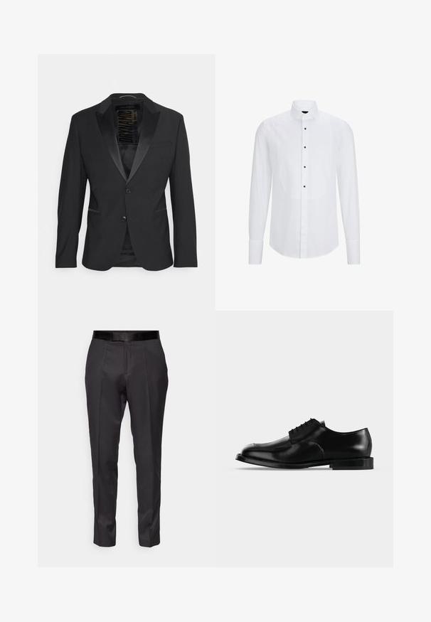 Veste de smoking noire avec revers en satin, fermeture à deux boutons, poches latérales et texture lisse. La doublure présente une étiquette de marque.; Chemisier blanc à manches longues avec un panneau avant incurvé, des boutons noirs au centre et un col classique. Texture de tissu lisse.; Pantalons noirs ajustés avec une coupe slim, devant plat et légère brillance. Présentent une taille noire lisse et des détails de plis le long des jambes.; Chaussure de ville pour homme en cuir noir avec lacets, finition lisse et talon bas, vue de profil sur un fond clair uni.