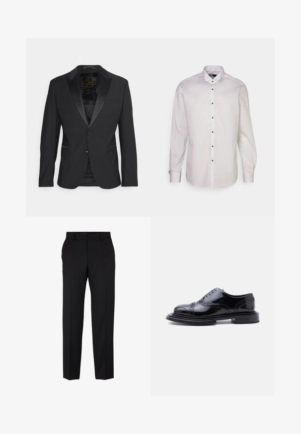 Sort smokingjakke med satinrevers, to knaplukninger, sidelommer og en glat overflade. Foringen har brandetiket.; KARL LAGERFELD MODERN - Skjorter - white; Sorte dressbukser med skræddersyet pasform, lige ben, bæltestropper og uden synlige mønstre eller pynt. Klassisk design.; Sort poleret læder broguesko med vingetip-perforering og stablet hæl, vist i sideprofil mod en hvid baggrund.