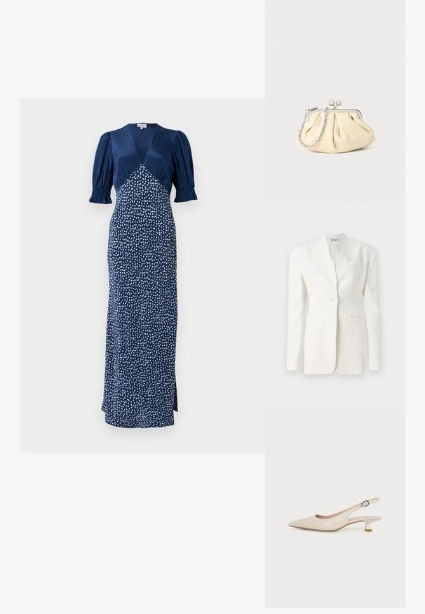 Witte op maat gemaakte blazer met een enkele knoop, scherpe revers, twee vo pockets en een borstzak. Glad materiaal met een gestructureerde silhouet.; Marineblauwe jurk met een V-hals, pofmouwen en een witte stippenpatroon. Heeft een aansluitende lijfje en een lange rok met een split aan de zijkant.; Beige slingback-schoen met een spits toelopende neus, lage kittenhak en verstelbare zijgesp op een effen witte achtergrond.; Geplooide beige leren clutch met een zilveren metalen frame, voorzien van twee ronde decoratieve sluitingen en een zilveren kettingriem.