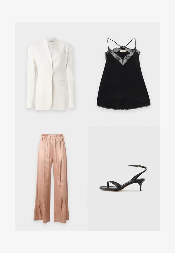 Hvid skræddersyet blazer med en enkelt knap, spidse lapeller, to forlommer og en brystlomme. Glat stof med en struktureret silhuet.; Sort camisole med justerbare stropper, prydet med en blonderede V-udskæring og bølgede kanter. Glat stof med en let glans.; Satin brede bukser i blush pink med elastisk talje, snøre detaljer og sidelæg for ekstra tekstur og form.; Sort damesandal i læder med tynde remme, en tå-loop, ankelspænde og en mellemhøj stiletthæl på en neutral baggrund.