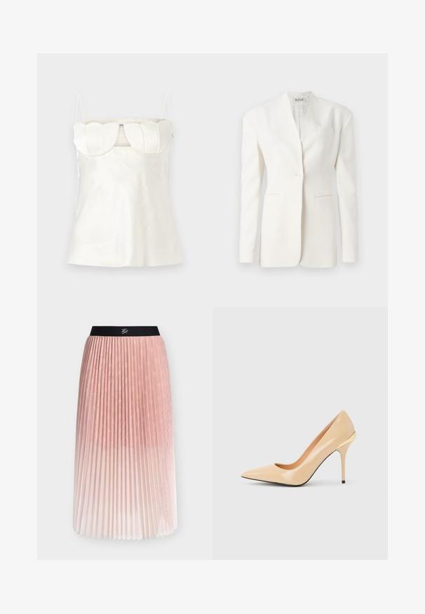 Hvid skræddersyet blazer med en enkelt knap, spidse lapeller, to forlommer og en brystlomme. Glat stof med en struktureret silhuet.; Hvid satin camisole med justerbare stropper, en struktureret, scalloped buste og en lige kant. Glat tekstur og minimalistisk design.; Lyserød plisseret midinederdel med sort elastisk taljebånd med hvidt logo med håndskrift.; Beige laklæder pumps med høje hæle, spids tå og slank stiletthæl, med en lille guldaccent bagpå.