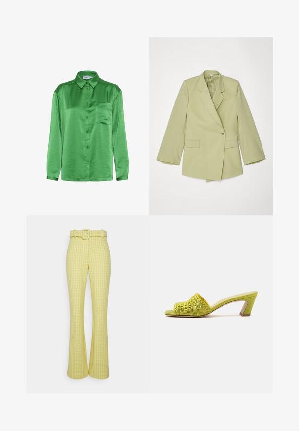Blazer vert clair avec un design à double boutonnage, revers crantés, fermeture à un bouton, et deux poches avant. Texture de tissu lisse.; Chemise en satin vert à manches longues, devant à boutons, poche poitrine unique et texture lisse. Le col et les poignets sont assortis au tissu.; Viktor&Rolf BUCKLE TROUSERS - Pantalon classique - yellow; Mule à talon ouvert vert citron avec dessus en cuir tressé et talon bloc de hauteur moyenne sur fond uni.