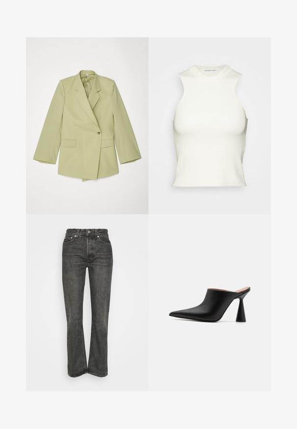 Lys grøn blazer med dobbeltbrystet design, harlapper, enkeltknap lukning og to frontlommer. Glat stofstruktur.; DESIGNERS REMIX MANDY TANK - Top - white; Sorte højtaljede jeans med lige ben. Har klassisk fem-lomme design og sølvhardware. Teksturert denimstof.; Sorte lædermules med spids tå og en unik kegleformet hæl. Glat tekstur og minimalistisk design, åben bagside for nem påtagning.