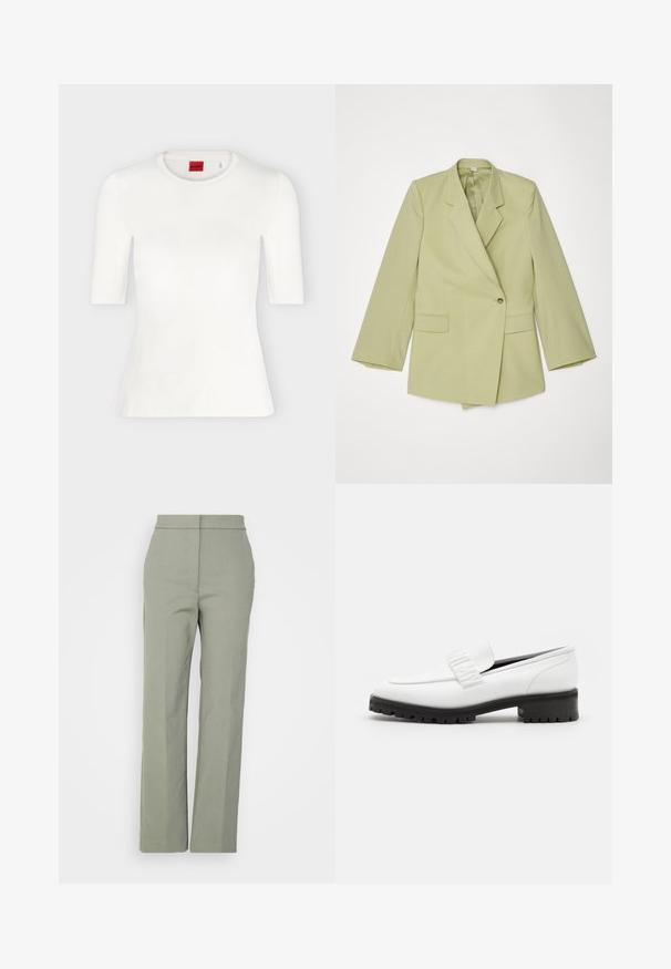 Blazer vert clair avec un design à double boutonnage, revers crantés, fermeture à un bouton, et deux poches avant. Texture de tissu lisse.; T-shirt blanc ajusté à manches courtes avec col rond et étiquette de marque rouge à l'intérieur du col.; Tiger of Sweden FRANKKA - Pantalon classique - thyme; Elleme CHOUCHOU SQUARE LOAFER - Chaussons - white