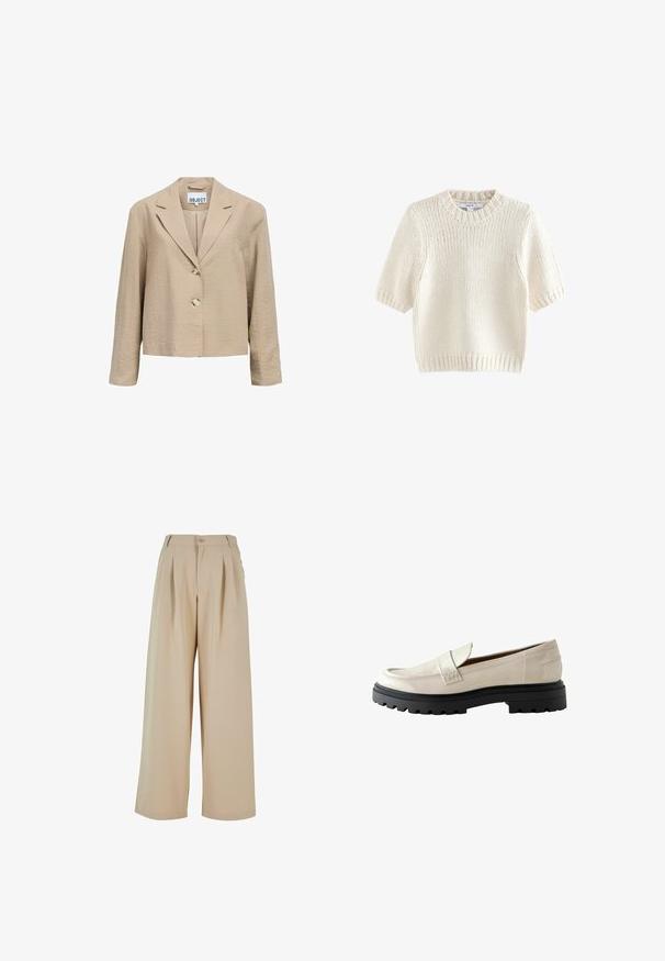 Blazer beige corto con mangas largas, cuello con solapa partida y dos botones delanteros, mostrado sobre un fondo blanco.; Jersey de punto color crema con mangas cortas, puños, bajo y cuello redondo acanalados, mostrado plano sobre un fondo blanco.; Pantalones de pierna ancha beige con pliegues en la parte delantera, cierre de botón y una textura suave. Presenta una cinturilla entallada y bolsillos laterales.; Mocasines de charol beige con punta redonda, suela de goma negra gruesa y un acento cosido en la parte frontal.