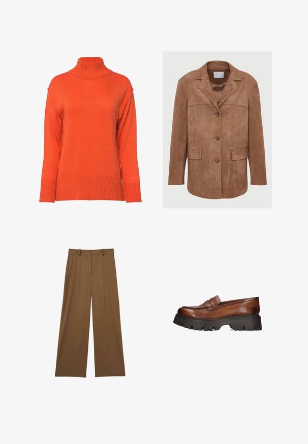 Blazer en daim marron avec revers à cran, fermeture à trois boutons, deux poches à rabat à l'avant et une doublure intérieure lisse semblable à du satin.; Pull col roulé en orange vif, avec une texture côtelée, des épaules tombantes et une coupe ample avec des poignets larges.; Reiss SOLENE WIDE LEG - Pantalon classique - tan; Mocassins en cuir marron avec une semelle plateforme noire épaisse. Présentent un bout rond et un détail de sangle décoratif sur le devant.