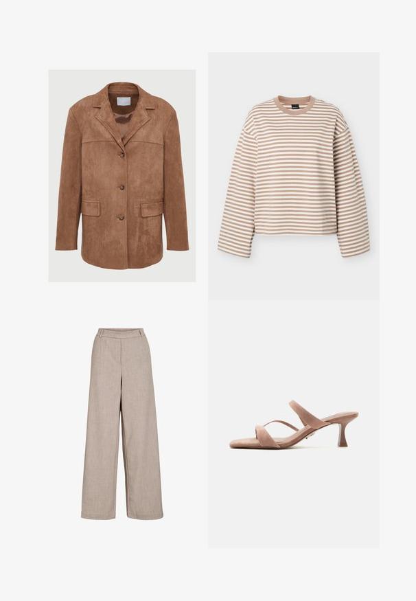 Brun ruskind blazer med klapkrave, tre knaplukninger, to frontlommer med flap og en glat satinlignende inderside.; Langærmet beige og hvid t-shirt med vandrette striber, rund halsudskæring, løs pasform og sænkede skuldersømme på ensfarvet baggrund.; Beige brede bukser lavet af letvægtsstof. Har en glat tekstur, en tætsiddende talje og sidelommer for funktionel detaljer.; Beige ruskind åben tå mule sandal med to tynde remme og en slank mellemhøj hæl på hvid baggrund.