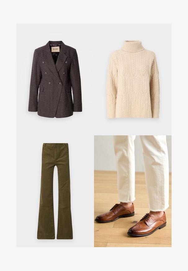Mos Mosh SVALA - Bleiseri - dark brown; JDY JDYELBA LIFE ROLL NECK - Neule - sandshell; Oliivivihreät corduroy-tyyliset kaarrepohjaiset housut, joissa on nappisulku ja vetoketju. Varustettu etutaskuilla ja pehmeällä, teksturoidulla pinnalla.; Ruskotossut nahka-brogue, joissa on rei'itettyjä yksityiskohtia, pyöreä kärki ja sileä pinta, yhdistettynä kermavärisiin, revittyjen helmojen housuihin.
