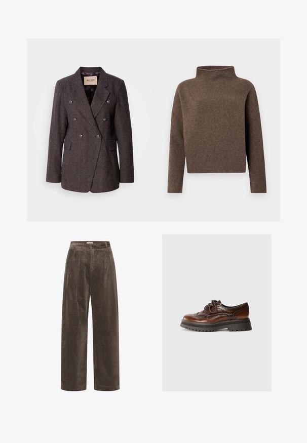 Mos Mosh SVALA - Blazer - dark brown; Suéter marrón, recortado, con cuello alto y plegado, mangas largas y una tela suave y texturizada. Diseño minimalista sin hardware visible.; Pantalones de pana marrón de pierna ancha con pliegues, que presentan una textura suave y una cintura de altura media. Los acabados del dobladillo son limpios y rectos.; Zapato de cuero marrón con cordones y detalles de brogue, suela de goma y plataforma texturizada negra en contraste. Acabado suave con diseño clásico.