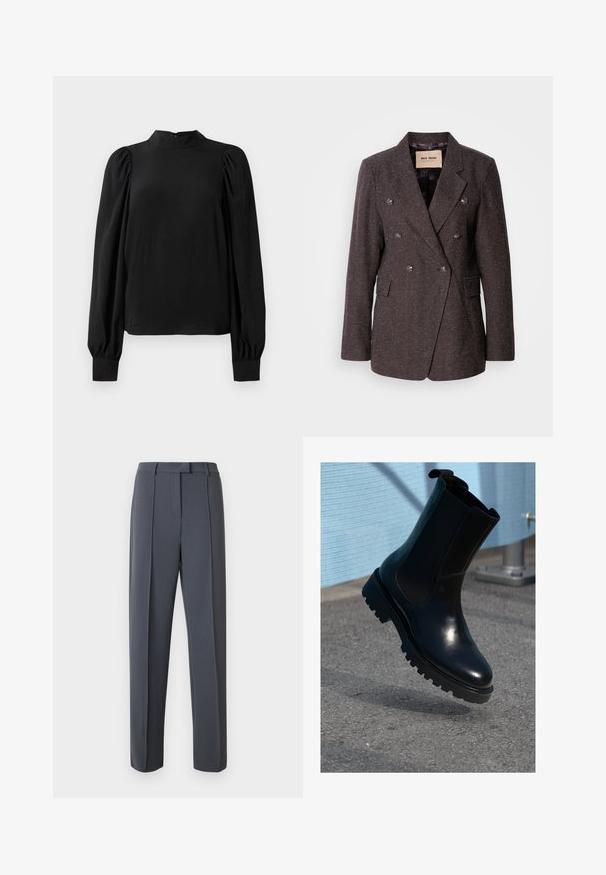 Mos Mosh SVALA - Blazer - dark brown; Chemisier noir à manches longues avec col haut, épaules bouffantes et poignets ajustés, présenté sur un fond blanc.; Un pantalon gris sur mesure présente une coupe droite, un devant plissé et une texture lisse. La ceinture est équipée de passants pour une adaptation ajustable.; Bottine en cuir noir avec panneaux élastiques sur les côtés, bout arrondi et semelle épaisse texturée. Finition lisse avec un design minimaliste.