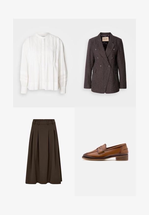 Mos Mosh SVALA - Blazer - dark brown; Blouse blanche avec un col rond, fermeture à boutons et plis verticaux. Manches longues avec une texture froncée, fabriquée en tissu léger.; Jupe plissée brune en tissu lisse, avec une taille haute munie de passants de ceinture, des poches latérales et une silhouette évasée en forme de A.; Mocassins en cuir marron avec un panneau avant tissé texturé, bout rond et petit talon empilé. Finition lisse avec des détails de couture subtils.