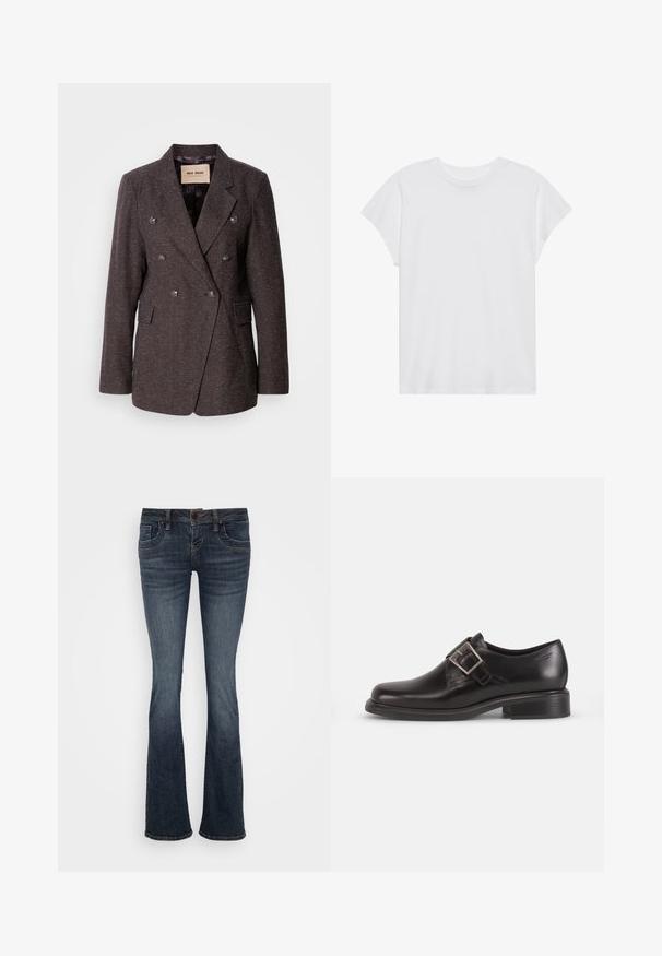 Mos Mosh SVALA - Blazer - dark brown; Weißes kurzärmliges T-Shirt mit Rundhalsausschnitt, lockerer Passform, aus weichem Baumwollstoff. Glatte Textur, keine Muster oder Logos.; Dunkelblaue ausgestellte Jeans mit mittelhohem Bund, fünf Taschen und subtilen Stichakzenten. Hergestellt aus Denim mit glatter Textur.; Schwarze Leder-Dressschuhe mit abgerundeter Zehenform, seitlichem Gürtelverschluss und strukturierter Sohle, vor einem schlichten weißen Hintergrund.