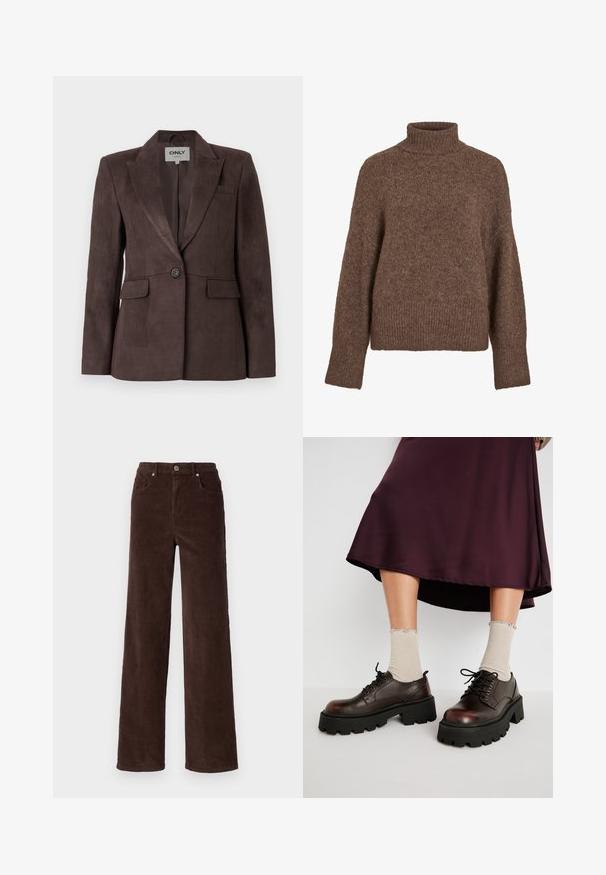 Blazer de ante marrón con solapa en pico, cierre de un solo botón, dos bolsillos frontales y un corte entallado. Textura suave, diseño minimalista.; Suéter de cuello alto marrón hecho de un material suave y texturizado. Presenta un ajuste relajado, puños y dobladillo acanalados, con un tejido uniforme en toda la prenda.; Vero Moda VMTESSA WIDE PANTS - Pantalones - chocolate torte; Zapatos de plataforma de cuero marrón con suelas negras gruesas, combinados con calcetines beige acanalados con bordes en forma de ondas, sobre un fondo apagado.