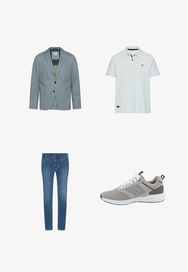 Hellblaues Herrenblazer mit zwei Fronttaschen, zwei Knöpfen, Kerbkragen und innerem Etikett auf weißem Hintergrund.; Hellgraues Poloshirt mit kurzen Ärmeln, zwei schwarzen Knöpfen, kleinem Logo auf der linken Brust und einem Markenpatch nahe dem unteren Saum.; Blaue Denim-Jeans mit schmaler Passform, die vordere Taschen, einen Knopfverschluss und dezente Verblassung entlang der Beine aufweisen.; Grauer Sportschuh mit Mesh-Obermaterial, weißen Schnürsenkeln und grauen Akzenten. Mit Gummisohle und gepolstertem Schaft für zusätzlichen Komfort.