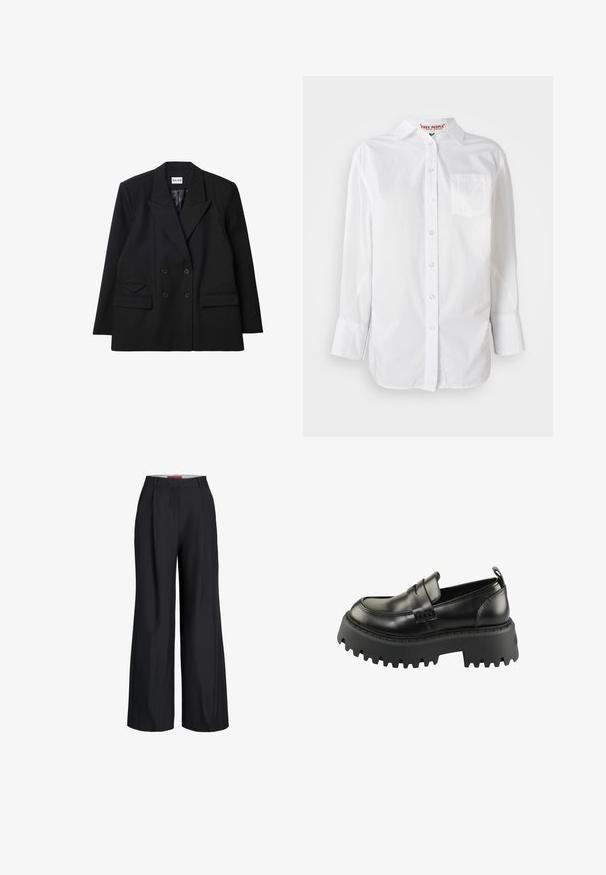 Blazer noir à double boutonnage en tissu texturé, avec des revers coupés, deux poches avant et des accents de boutons.; Chemise blanche à manches longues avec col et poche poitrine, présentée sur un fond uni.; Pantalon large noir avec passants de ceinture et fermeture éclair à l'avant, présenté sur fond blanc.; Mocassins en cuir noir avec une semelle en caoutchouc noir épaisse et texturée. Présentent un bout rond et une sangle décorative sur le coup de pied.