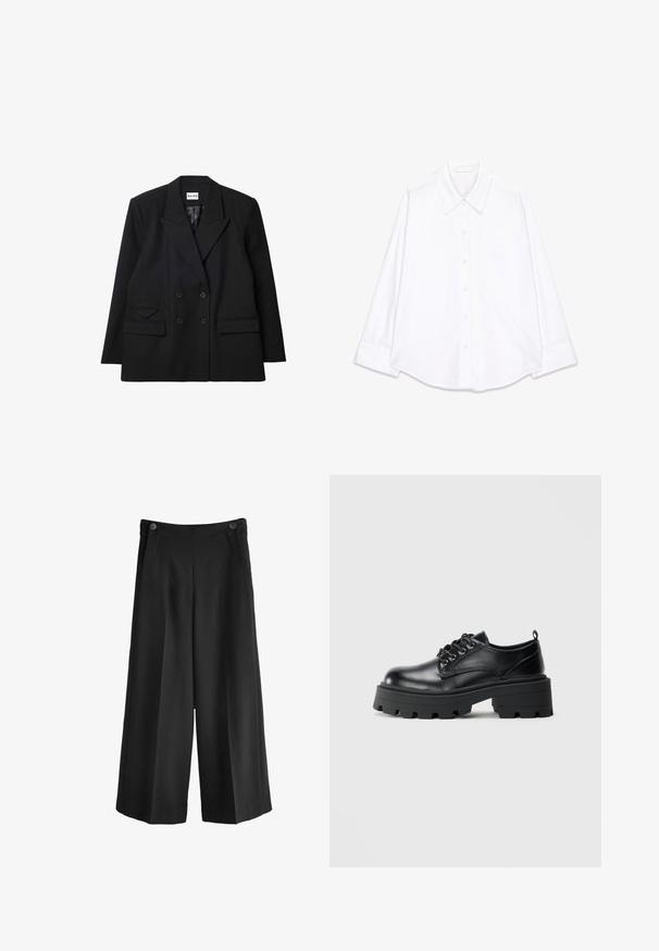 Blazer negro de doble botonadura hecho de tela texturizada, con solapas marcadas, dos bolsillos frontales y detalles de botones.; Camisa blanca de botones con un cuello clásico, mangas largas y un dobladillo curvado. Fabricada en una tela suave con un diseño limpio y minimalista.; Pantalones de pierna ancha negros con una cintura alta, hechos de una tela suave. Presenta dos bolsillos delanteros y dos botones en la cintura.; Zapatos de cuero negro con puntera redondeada, diseño de cordones y suela de goma gruesa con surcos profundos. Detalles de costura simple a lo largo de los bordes.