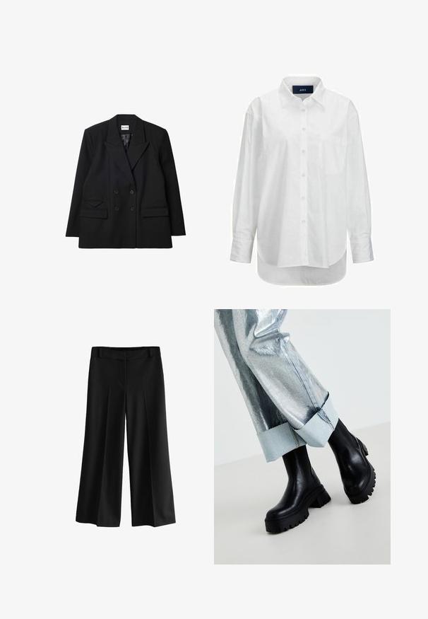 Dvojradový čierny blazer vyrobený z textúrovanej látky, s ostrými klopami, dvoma prednými vreckami a gombíkovými detailmi.; Biele dlhé rukávy košele z hladkej bavlny s golierom na gombíky, prednou vreckom a zakriveným lemom. Obsahuje zadný diel pre zvýšenú štruktúru.; Čierne široké nohavice z hladkej látky s vysokým pásom, plisovaním a prispôsobeným strihom. Bez viditeľného kovania alebo vzorov.; Čierne masívne členkové topánky s textúrovanými podrážkami, nosené so striebornými metalickými nohavicami s svetlomodrým manžetovým okrajom. Minimalistický dizajn, elegantné materiály.
