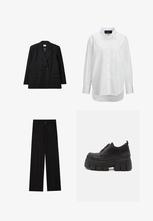 Dvojradový čierny blazer vyrobený z textúrovanej látky, s ostrými klopami, dvoma prednými vreckami a gombíkovými detailmi.; Biele dlhé rukávy košele z hladkej bavlny s golierom na gombíky, prednou vreckom a zakriveným lemom. Obsahuje zadný diel pre zvýšenú štruktúru.; Široké čierne nohavice vyrobené z hladkej tkaniny, so šikmými prednými vreckami a gombíkovým zapínaním v páse. Minimalistický dizajn bez vzorov.; Čierne platformové tenisky s hladkým koženým povrchom, šnurovaním, hrubou gumovou podrážkou a detailom značky na boku.