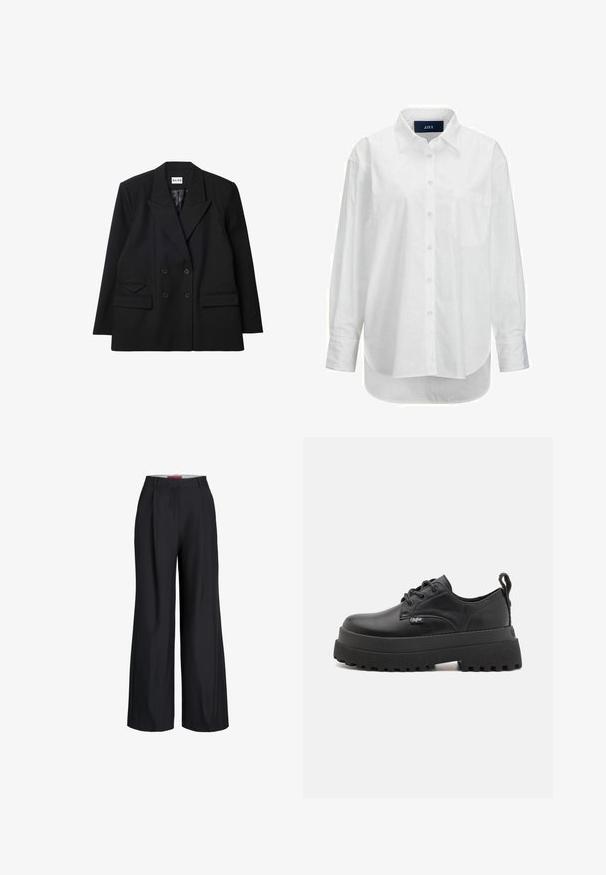 Dvojradový čierny blazer vyrobený z textúrovanej látky, s ostrými klopami, dvoma prednými vreckami a gombíkovými detailmi.; Biele dlhé rukávy košele z hladkej bavlny s golierom na gombíky, prednou vreckom a zakriveným lemom. Obsahuje zadný diel pre zvýšenú štruktúru.; Čierne široké spoločenské nohavice s opaskovými pútkami a predným zapínaním na zips, zobrazené na bielom pozadí.; Buffalo PLUTO LACE UP - Šnurovačky - black