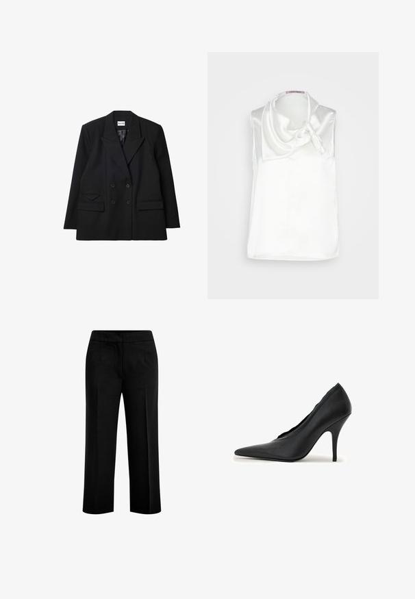 Dvojradový čierny blazer vyrobený z textúrovanej látky, s ostrými klopami, dvoma prednými vreckami a gombíkovými detailmi.; Anna Field by Zalando Blúzka - white; Čierne nohavice s širokými nohavicami vyrobené z hladkej tkaniny, ktoré majú dva predné vrecká a plochý pás. Strih s čistou siluetou.; Čierna kožená lodička s špicatou špičkou, s ozdobnými vlnitými okrajmi a úzkym ihličkovým podpätkom na bielom pozadí.