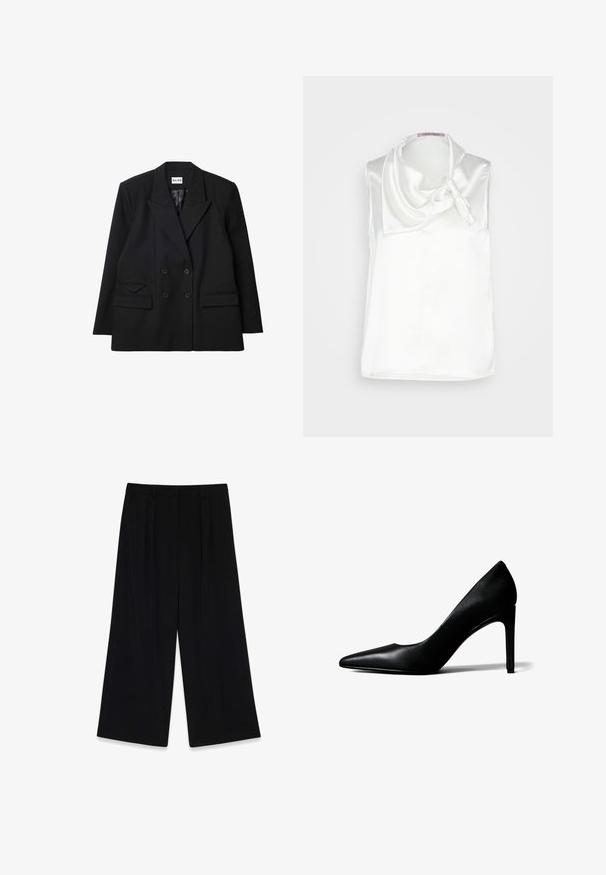 Dobbeltradet sort blæser lavet af tekstureret stof, med skarpe revers, to forlommer og knapdetaljer.; Anna Field by Zalando Bluse - white; Sorte vide bukser lavet af glat stof, der har læg foran, en mellemhøj talje og ingen synlige lukninger eller pynt.; Sort læder damesko med spids tå og høj, slank stilet-hæl på hvid baggrund.