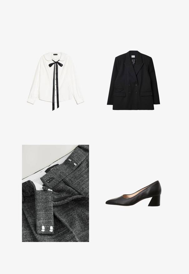Dvojradový čierny blazer vyrobený z textúrovanej látky, s ostrými klopami, dvoma prednými vreckami a gombíkovými detailmi.; Biela blúzka s dlhým rukávom a golierom Peter Pan, čierna saténová mašľa na krku a predné perlové gombíky.; Sivé textúrované nohavice s gombíkovým zapínaním, zipsom a ďalšími háčikmi, so striebornými detailmi na páse a vnútornej podšívke.; Čierne dámske kožené lodičky so špicatou špičkou a nízkym blokovým podpätkom, vnútro béžovej farby, zobrazené z boku na bielom pozadí.